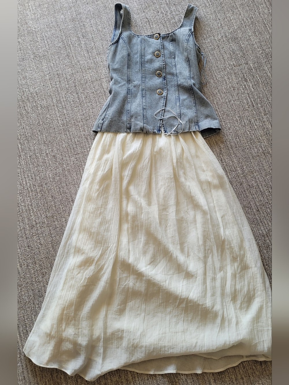 Moon River Denim-Style Blue Top with Cream Maxi Skirt